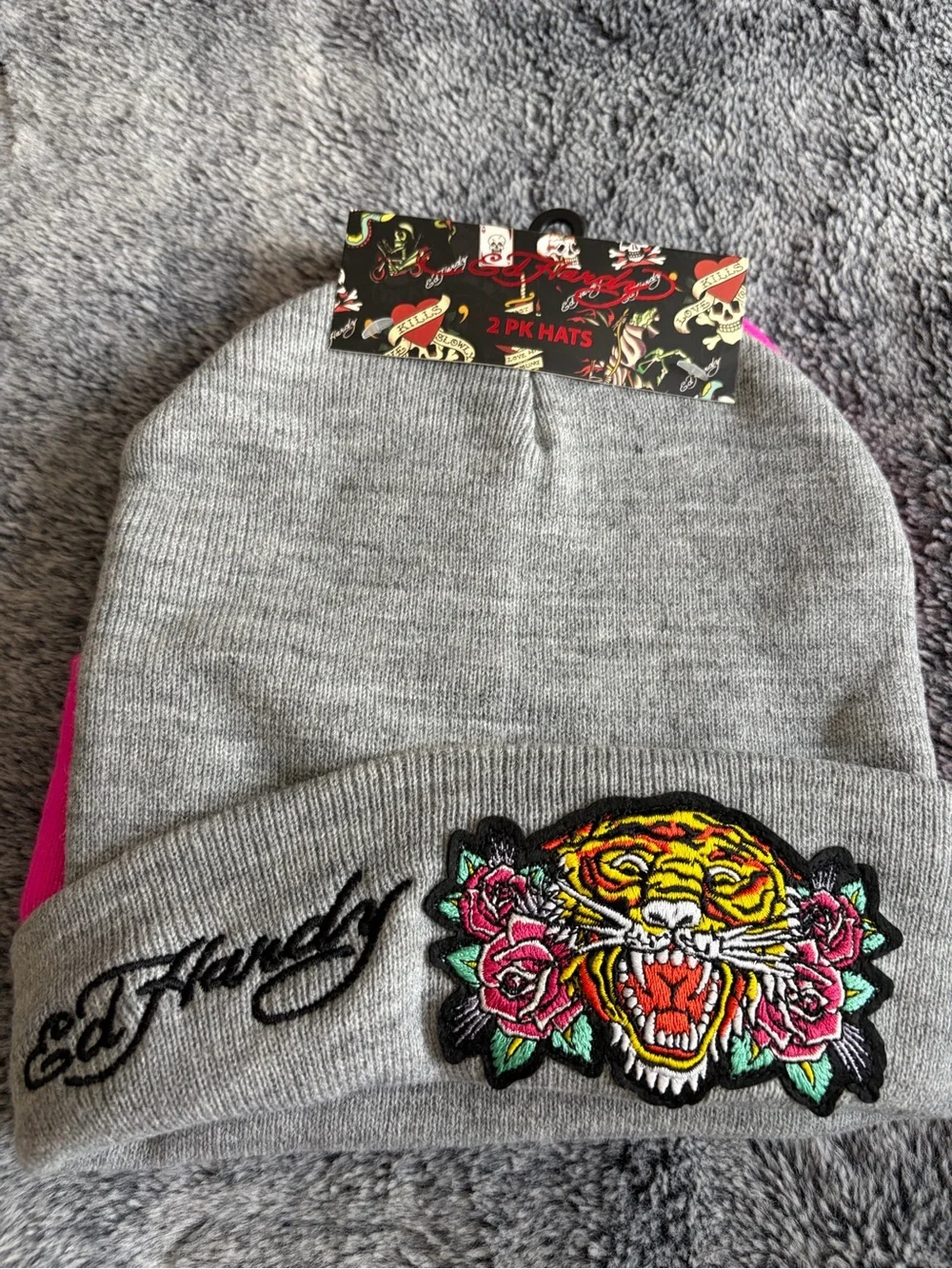 Ed Hardy Hot Pink Floral 'Love Kills Slowly' Knit Beanie .